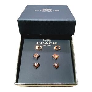 Coach Earrings Gift Boxed Set 3 Pairs Signature Pave Heart Rose Gold